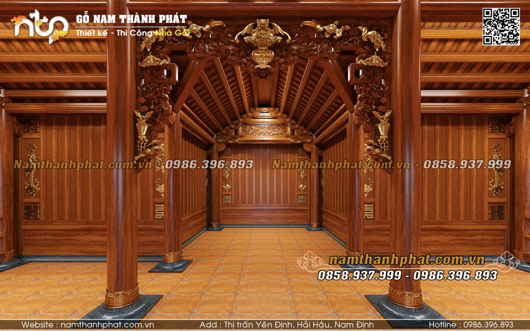 Nội thất nhà gỗ 3 gian 2 chái có hậu cung